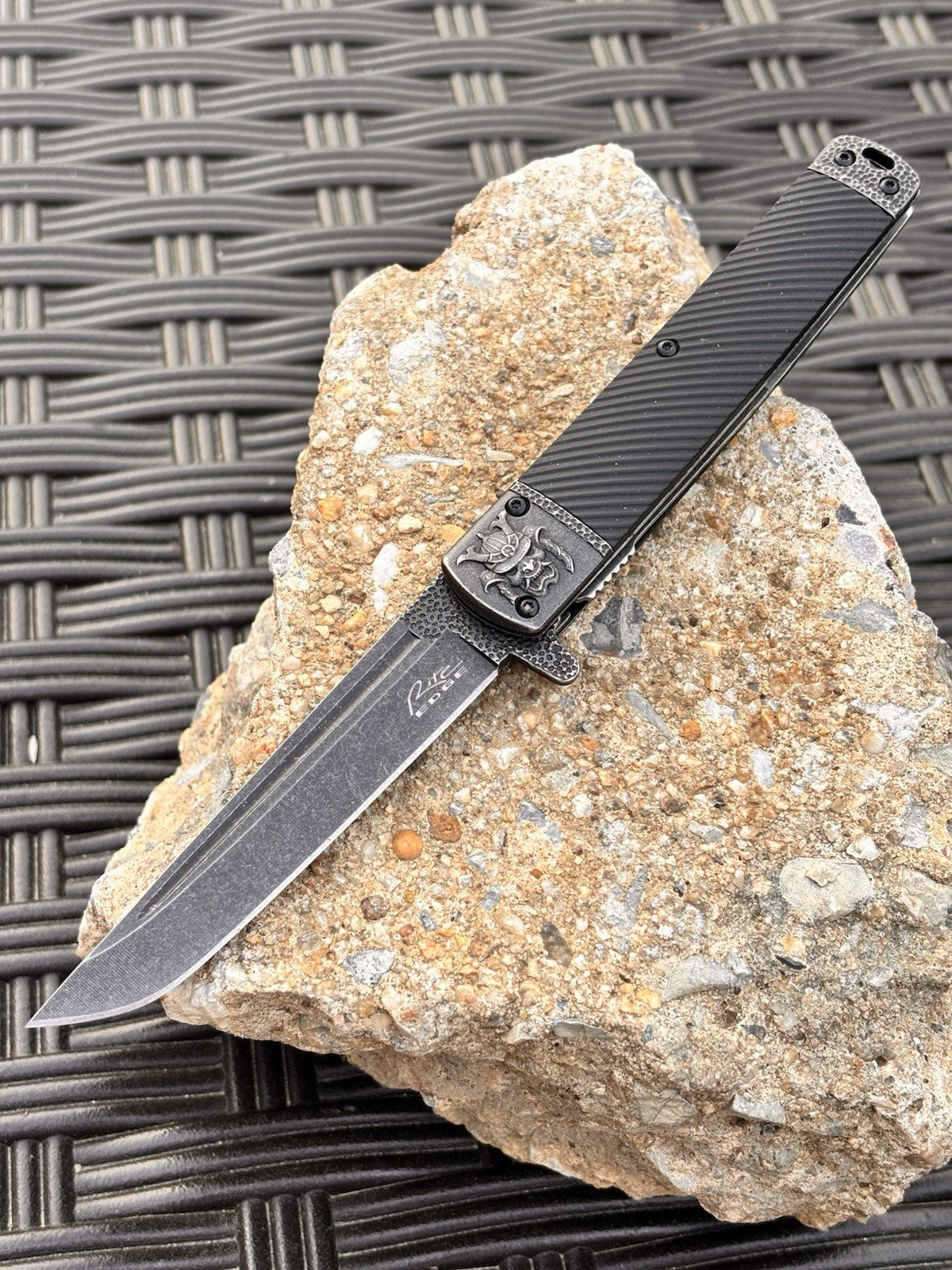 5” Samurai Pocket Knife Tanto Spring Assist Black Stonewash Tanto Clip 4” Blade