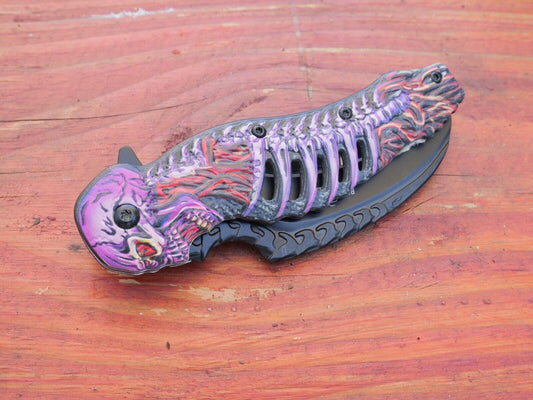 Skeleton Pocket Knife Spring Assisted Grim Reaper Design 8" Purple Folding Knife