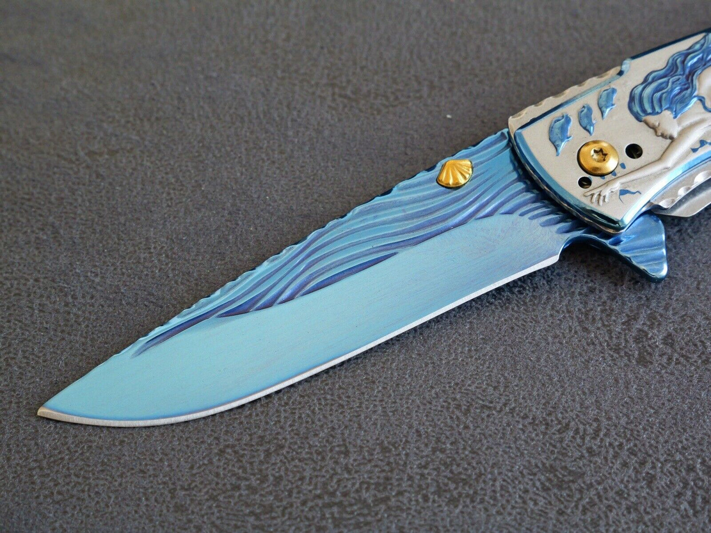 Mermaid Dolphin Seashell Pocket Knife Ocean Blue Gold Full Size All Metal Assist