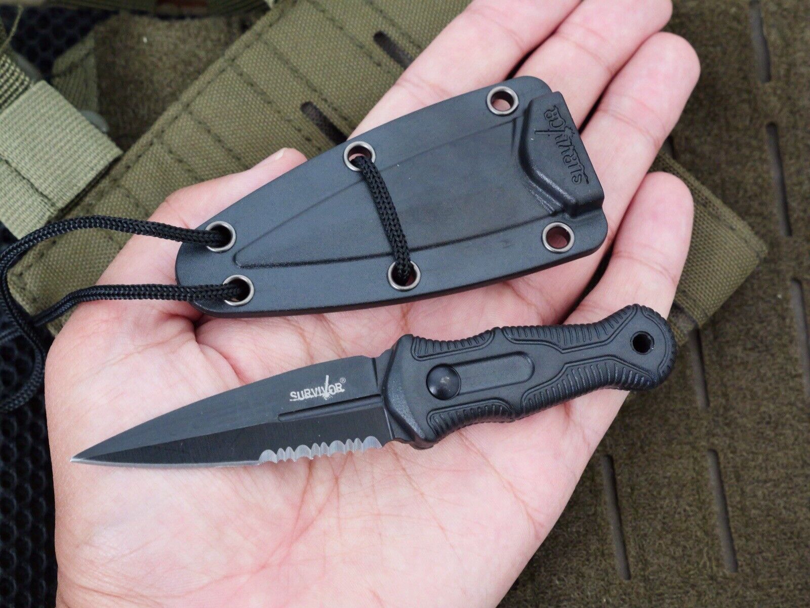 5” Mini Neck Knife Black Full Tang Stealth Sharp Serrated Spear Point Rubber EDC