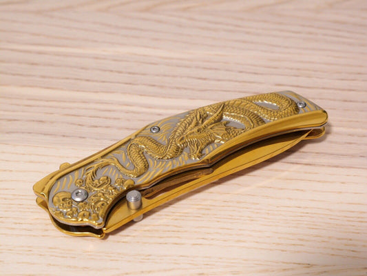 Full Size Gold Dragon Spring Assist Pocket Knife All Metal Sharp Clip 9” Edc