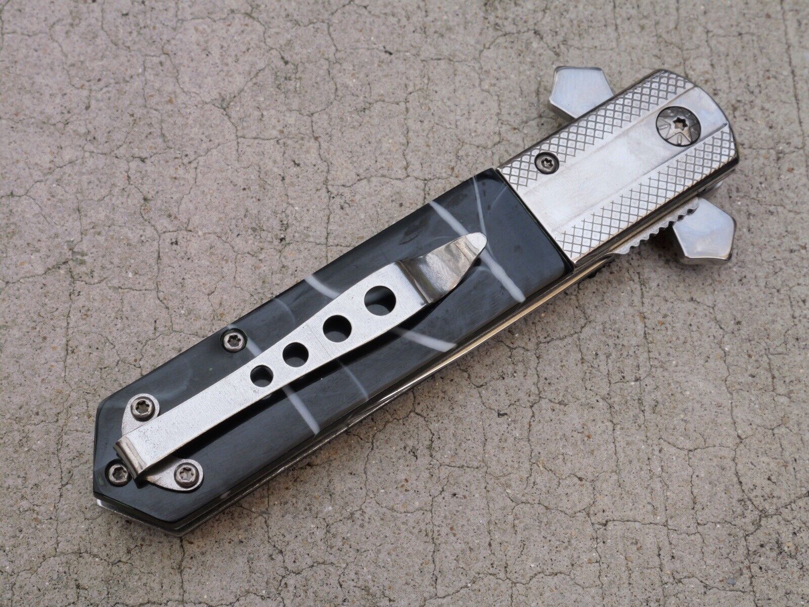 Cross Pocket Knife Full Size Spring Assisted Black Pearl Handle Spear Point Clip