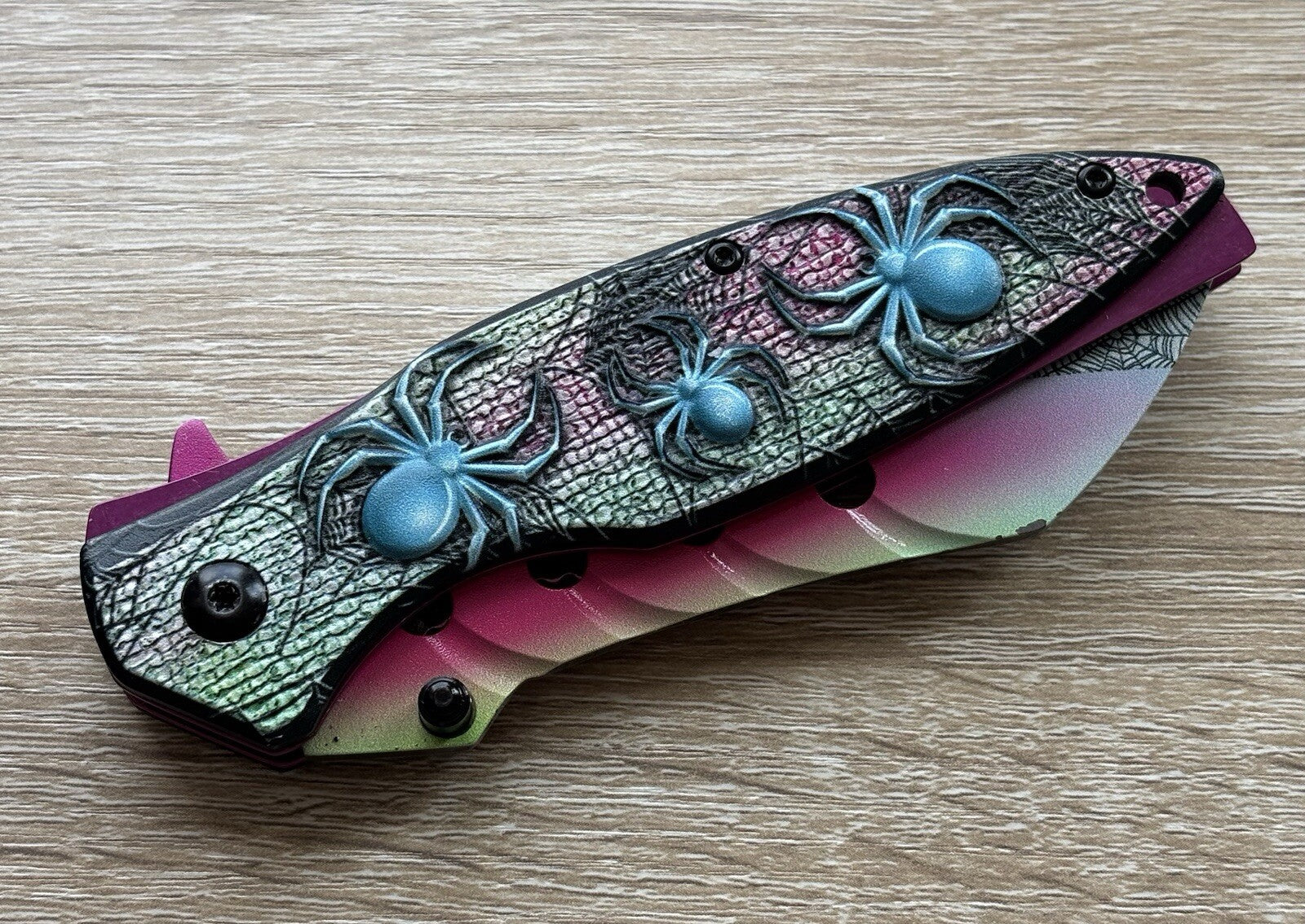 Pink Spider Pocket Knife Spring Assist All Metal Sharp Belt Clip Blue 