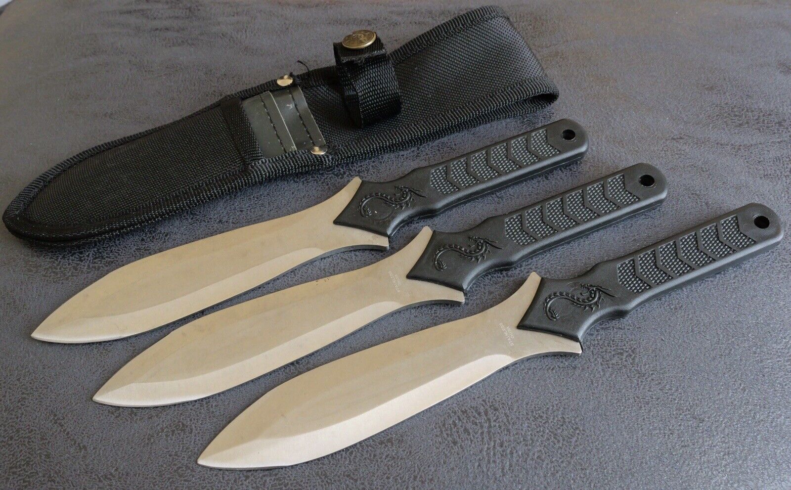 Throwing Knife Set Dragon 10” 3 Pcs Ballistic Nylon Handle Full Tang Sheath 5mm