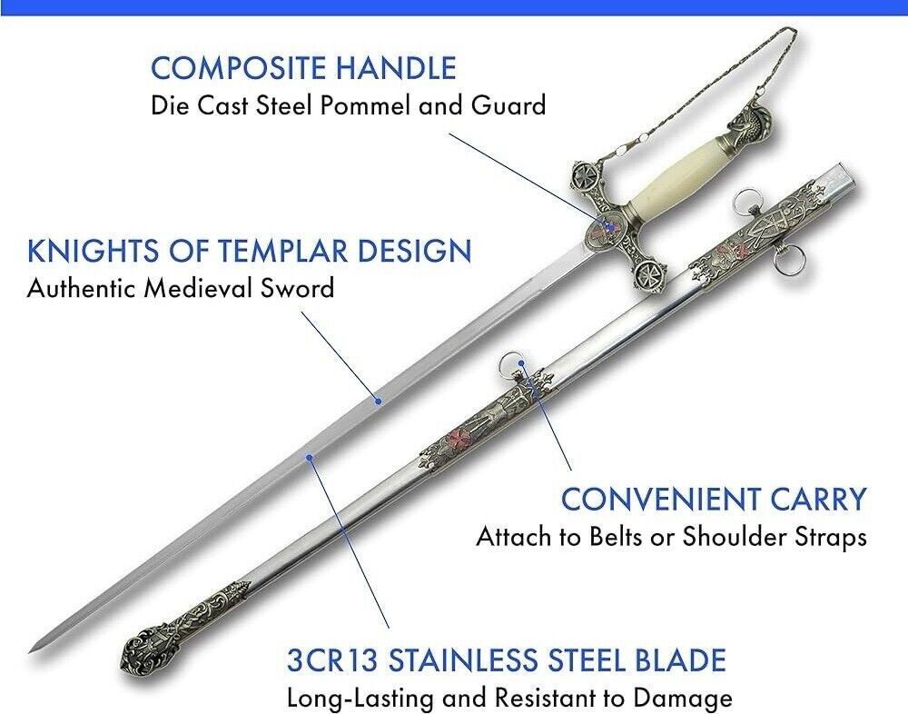 37” Knights Of Templar Crusader Sword Steel Scabbard Ornate Medieval Sharp 🏰