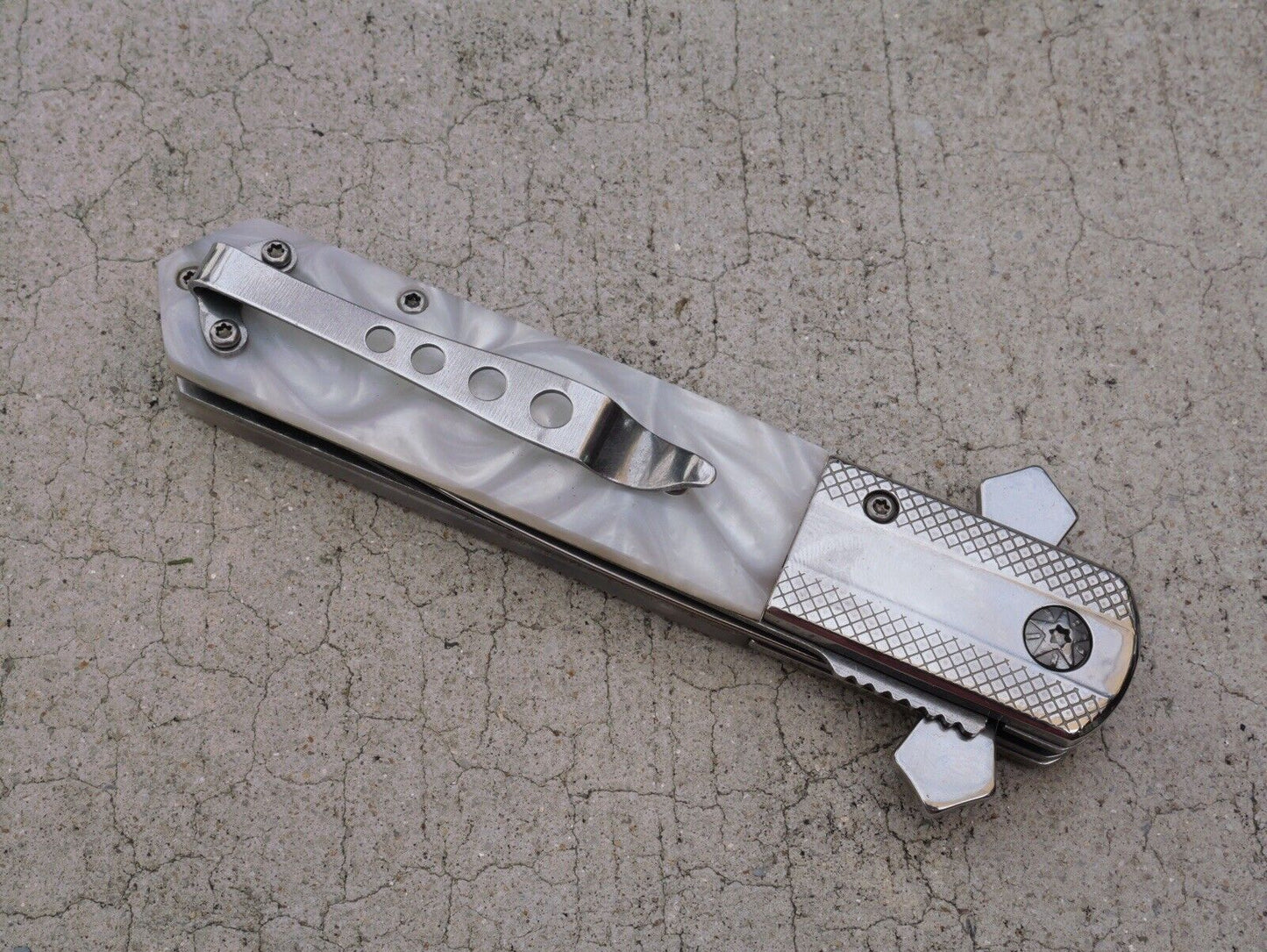 Cross Pocket Knife Full Size Spring Assisted Pearl Handle Spear Point Belt Clip
