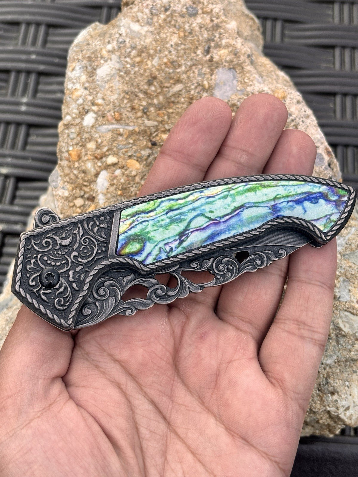 Spring Assist Pocket Knife Black Stonewashed Frame Lock Intricate Engraved Metal