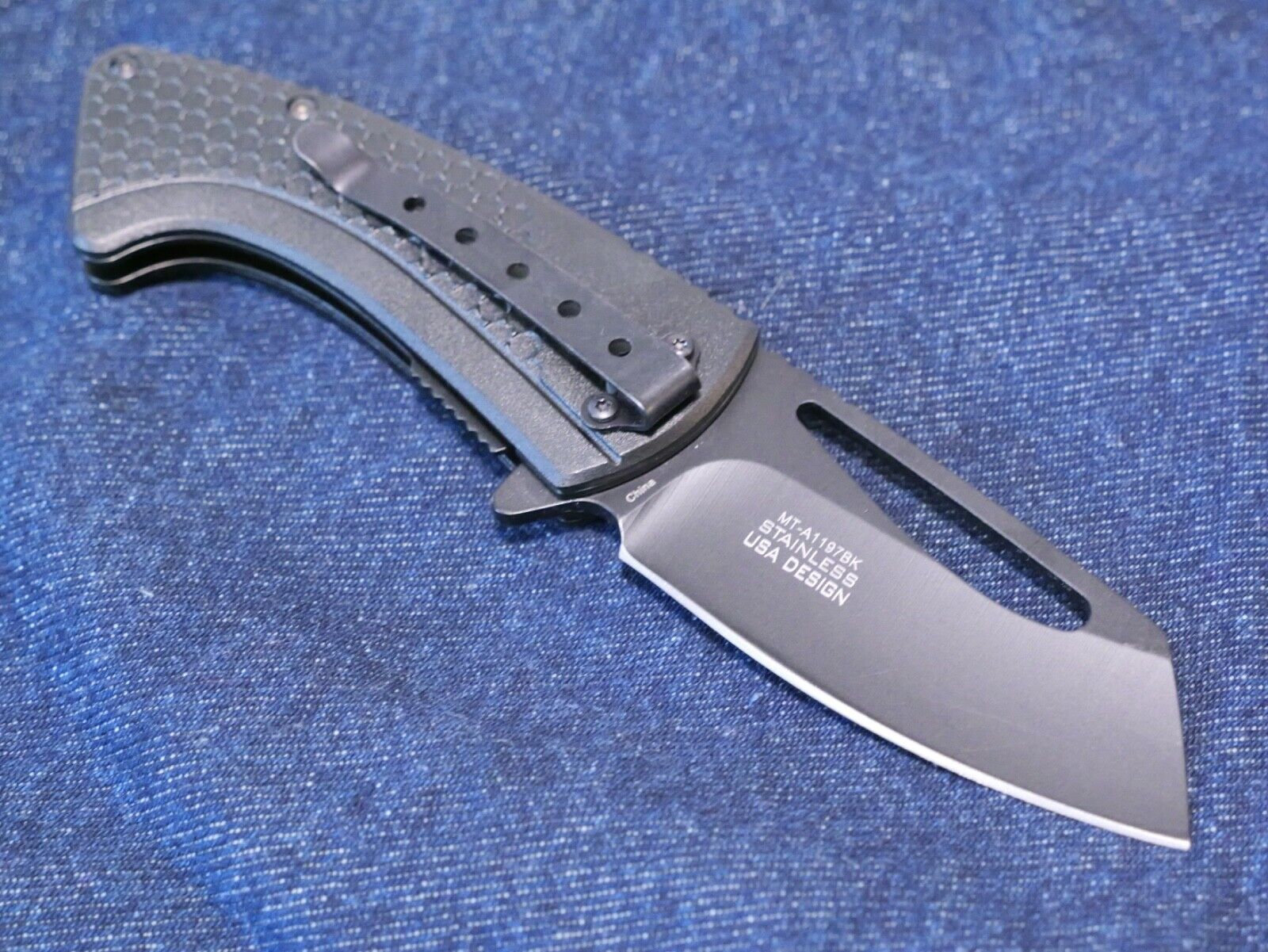 Mini Black Cleaver Spring Assist Pocket Knife 7" overall 2.75" Blade Belt Clip