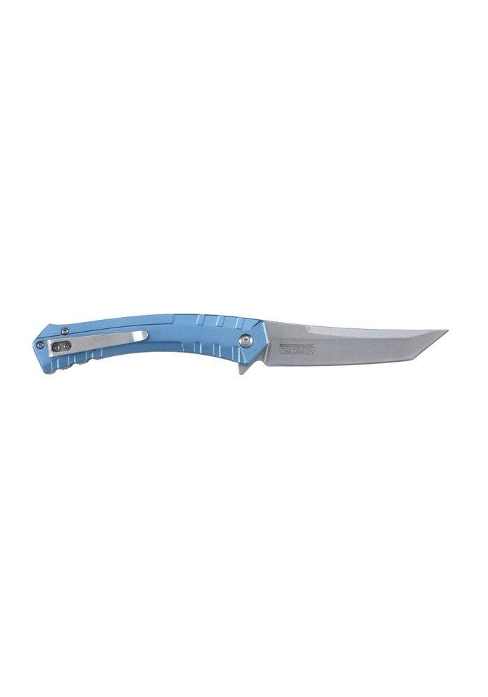 9” Slim Pocket Knife Full Metal Spring Assist Curved Tanto Blade Stonewashed Ceo