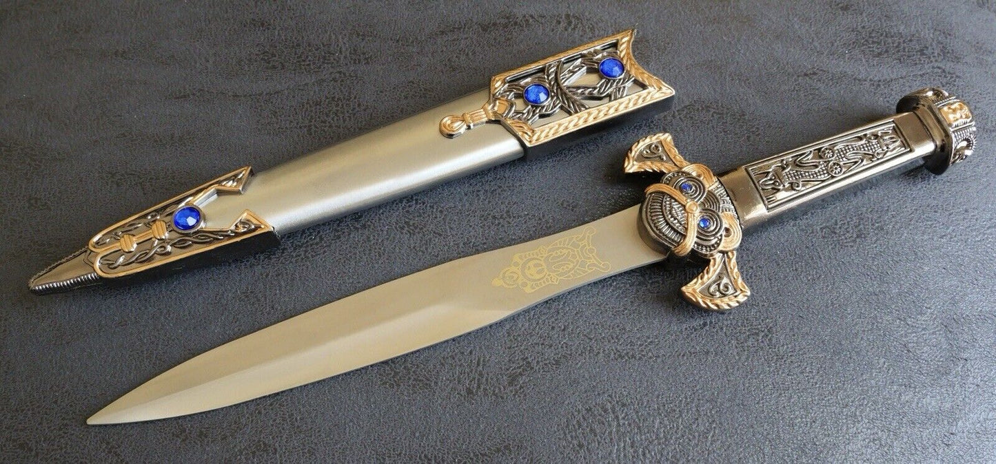 13” Bronze Dagger Metal Sheath Sapphire Gold Etch Blade Tribal Ceremonial Jungle