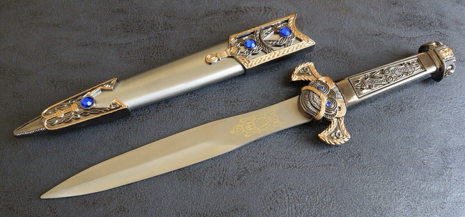 13” Bronze Dagger Metal Sheath Sapphire Gold Etch Blade Tribal Ceremonial Jungle