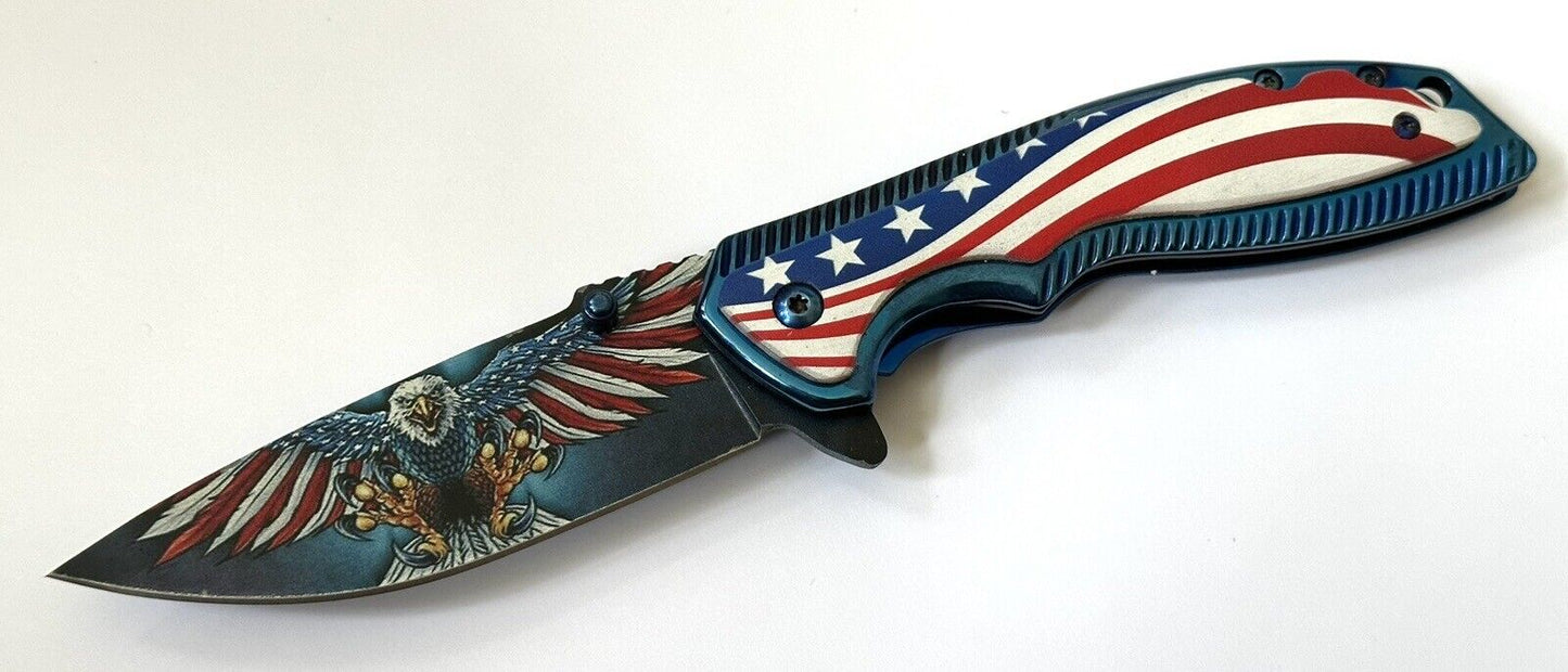 American Eagle Flag Pocket Knife Blue Metal Freedom Full Size 4.5” Sharp Edc