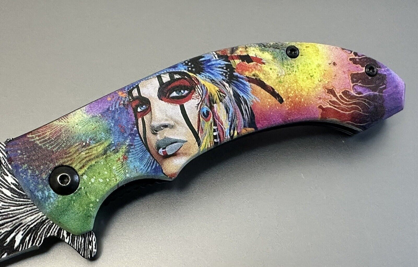 Full Size Folding Pocket Knife Native Rainbow Queen Feather Design Blade 4.5”