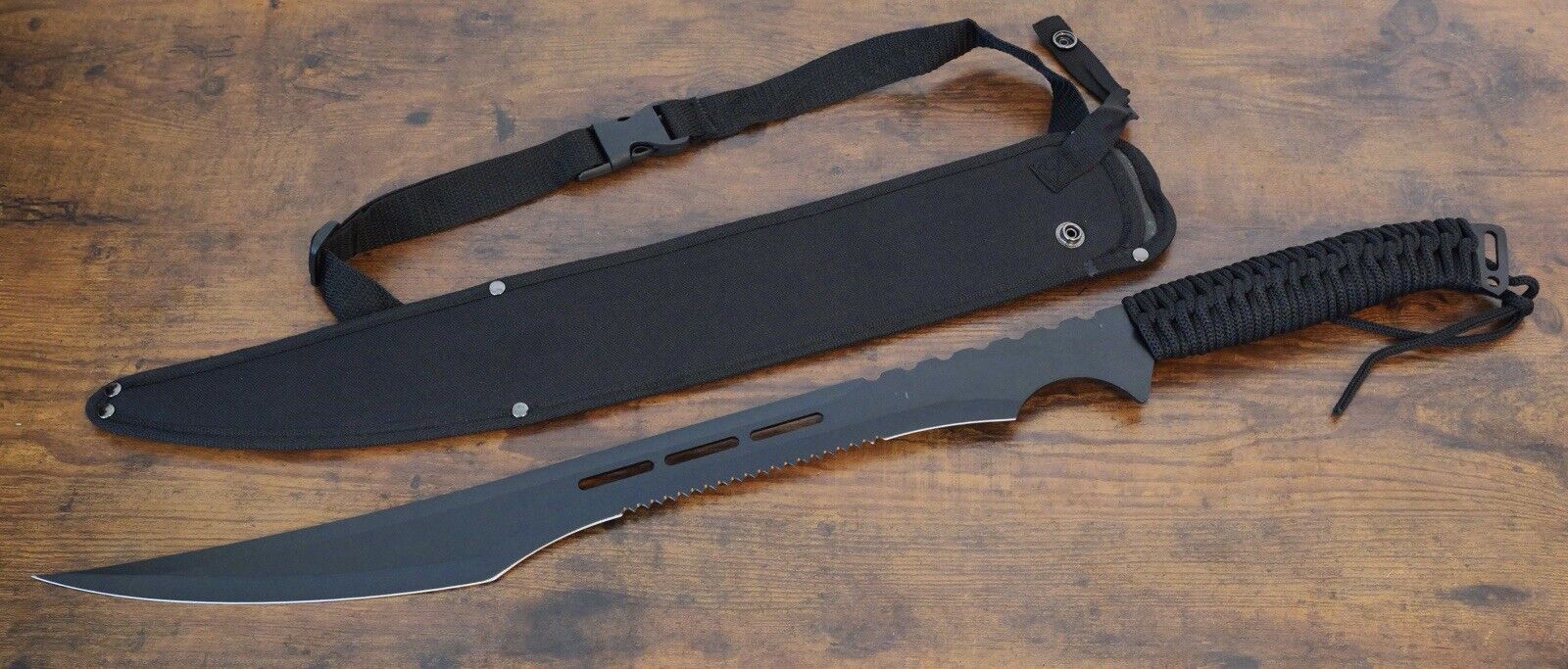 27” Tactical Machete Stealth Black Full Tang Large Serrated Sharp Shoulder Strap