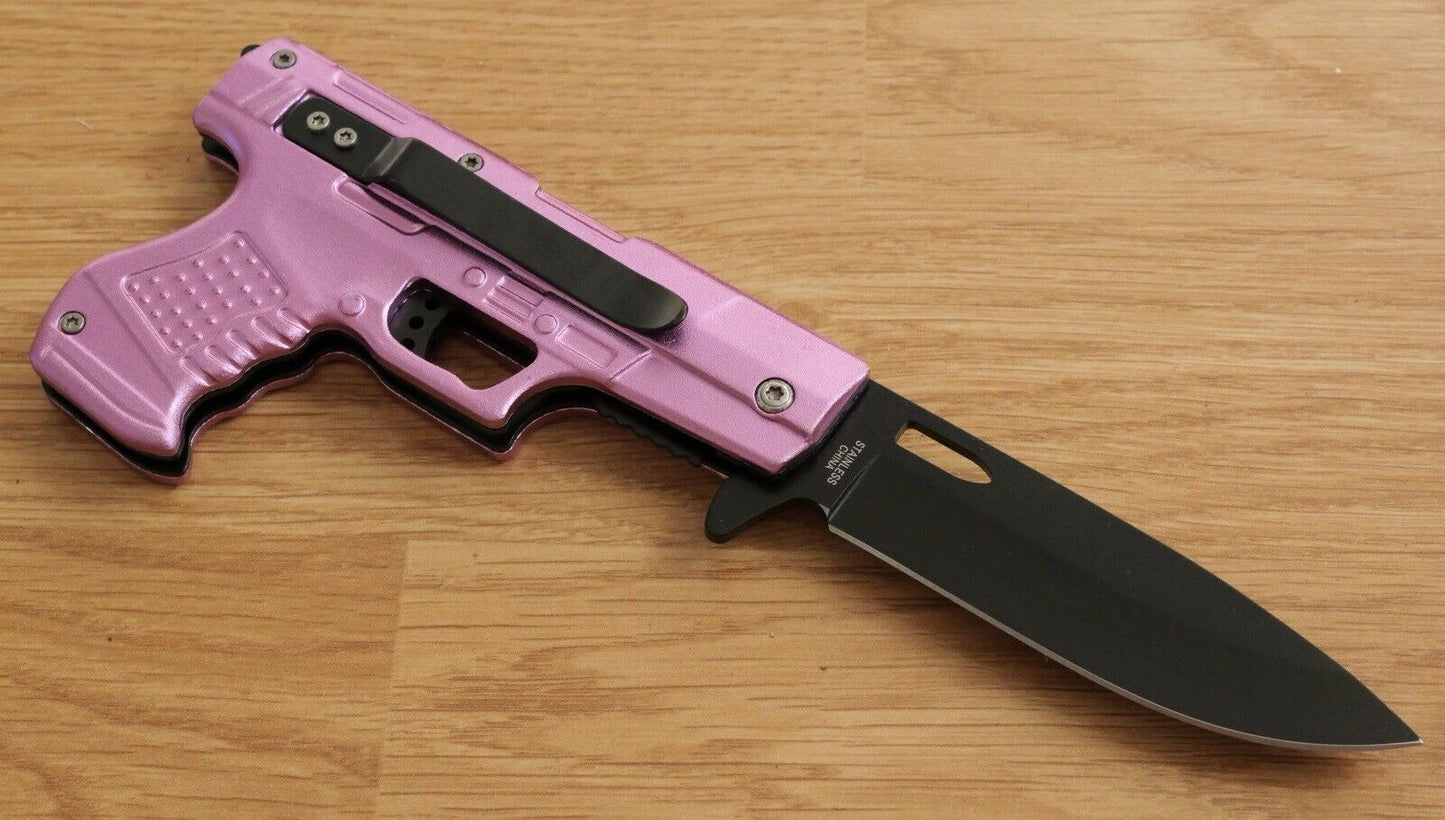 Folding Pocket Knife Pistol Design Pink Ladies Pocket Clip 3” Blade Sharp EDC