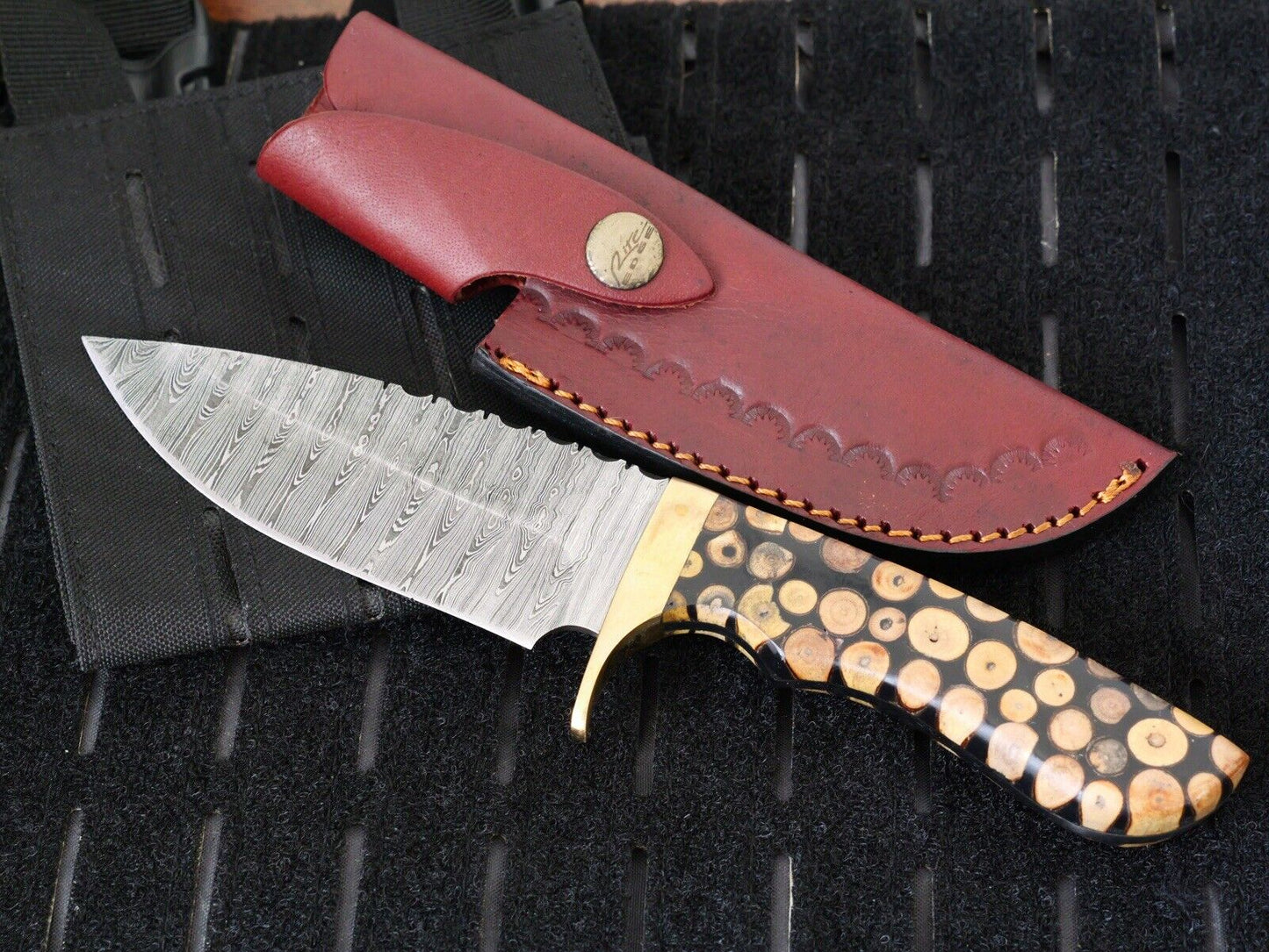 9” Fixed Blade Knife Genuine Damascus Steel Epoxy Poured Wood Handle Full Tang