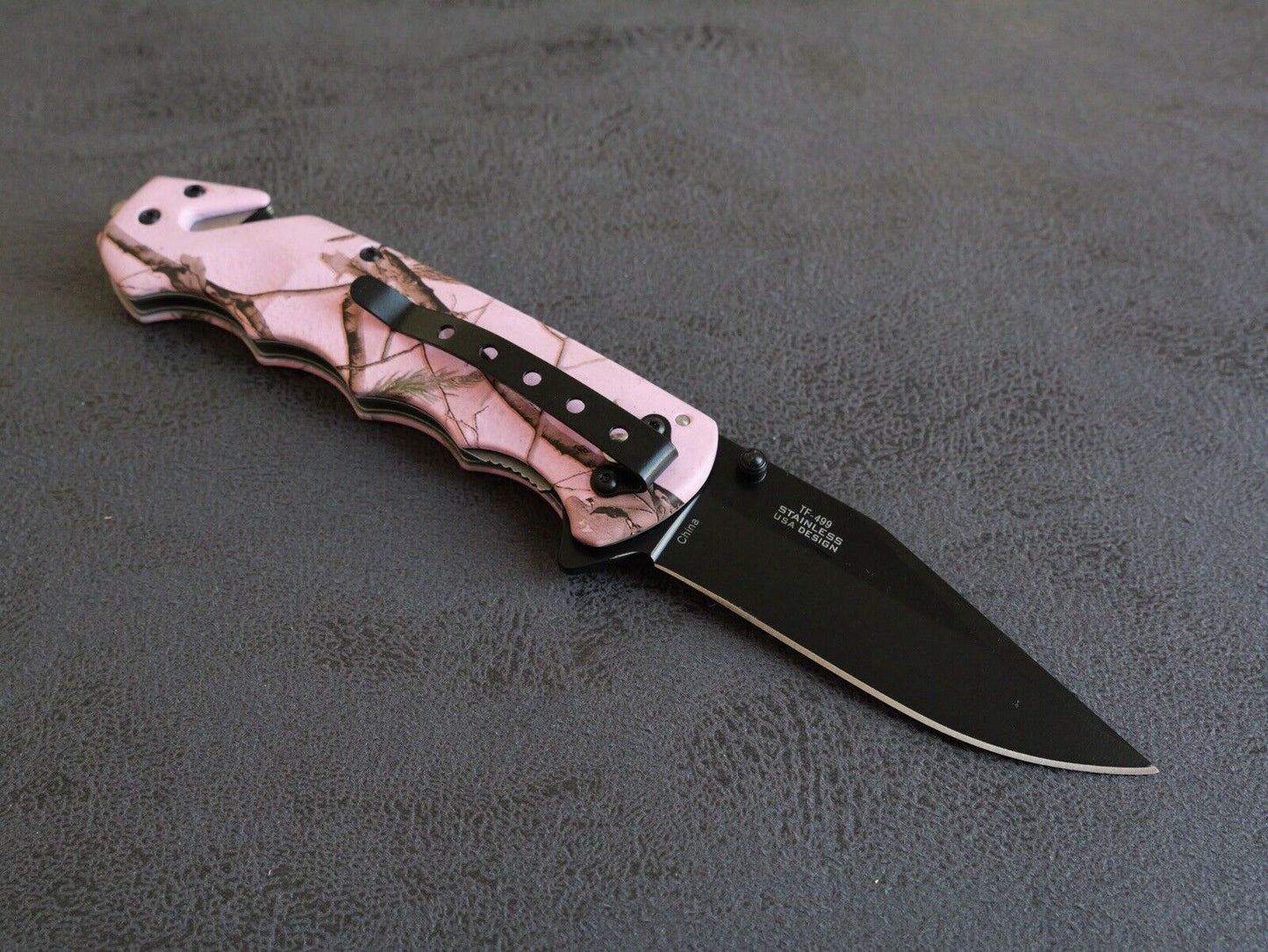 Pink Camo Pocket Knife Spring Assist Window Punch Cutter Black Blade Full Size