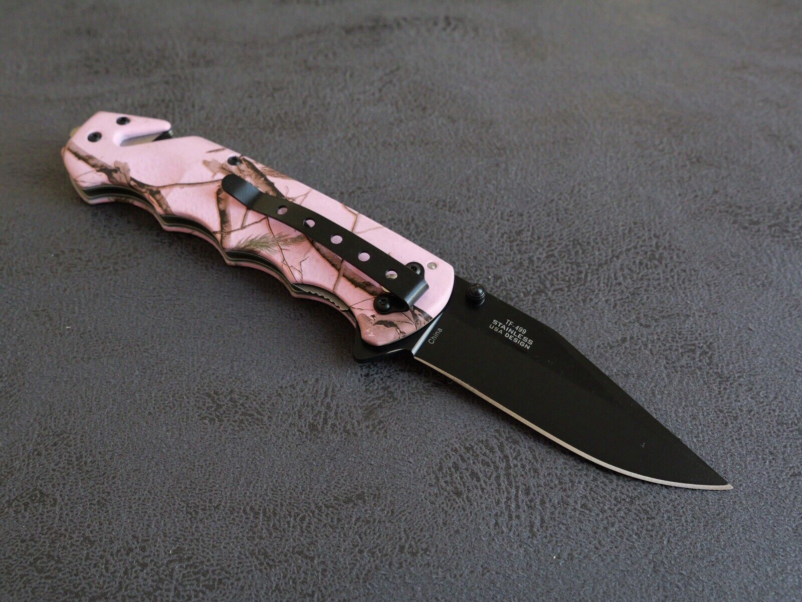 Pink Camo Pocket Knife Spring Assist Window Punch Cutter Black Blade Full Size
