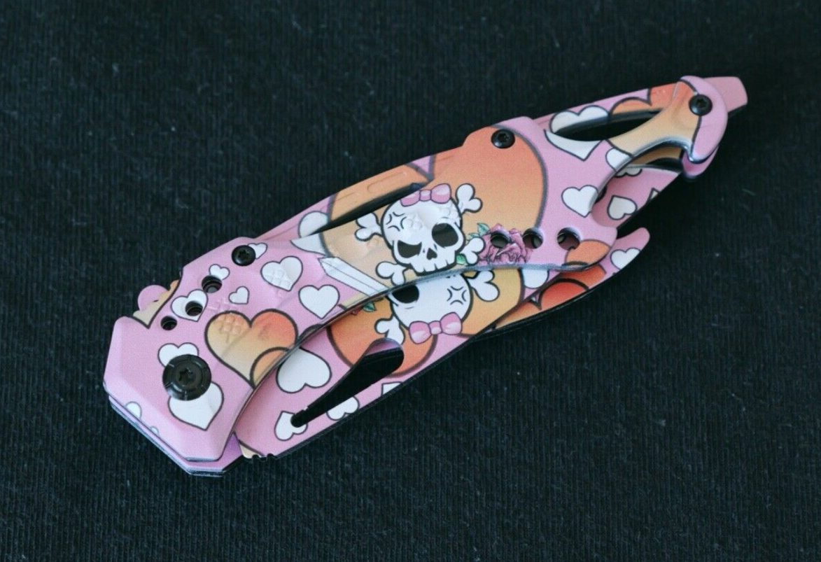 Pink Manga Pocket Knife Kuwaii Skull Heart Spring Assist Bottle Opener Cute