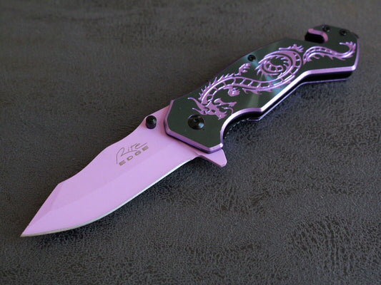 Pink Spring Assist Knife Dragon Full Size Window Punch Belt Cutter Pocket Knife