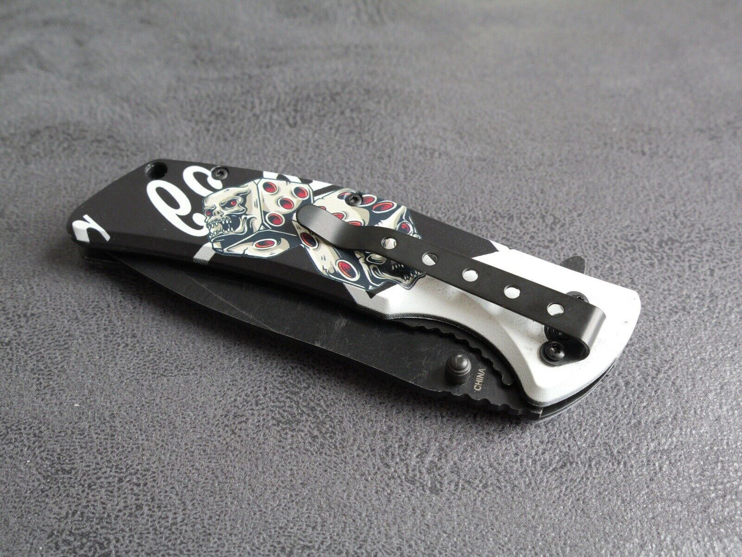 Skull Dice Pocket Knife Spring Assisted Stealth Black Drop Point Belt Clip Sharp