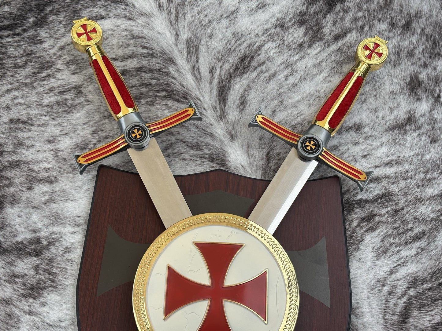 30” Knights Templar Sword Set Wood Shield Display Plaque Wall Mount Mirror Shine