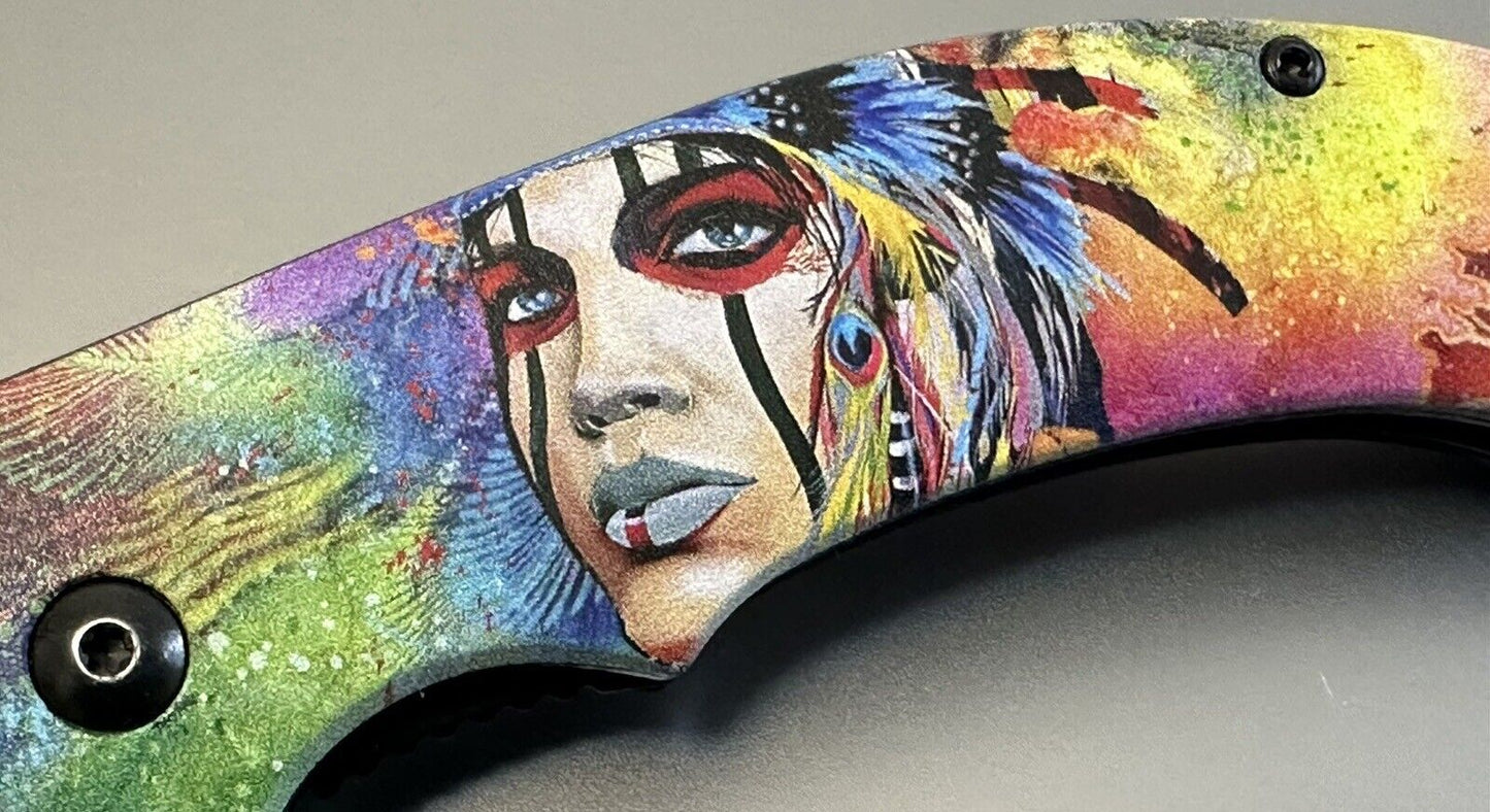 Full Size Folding Pocket Knife Native Rainbow Queen Feather Design Blade 4.5”