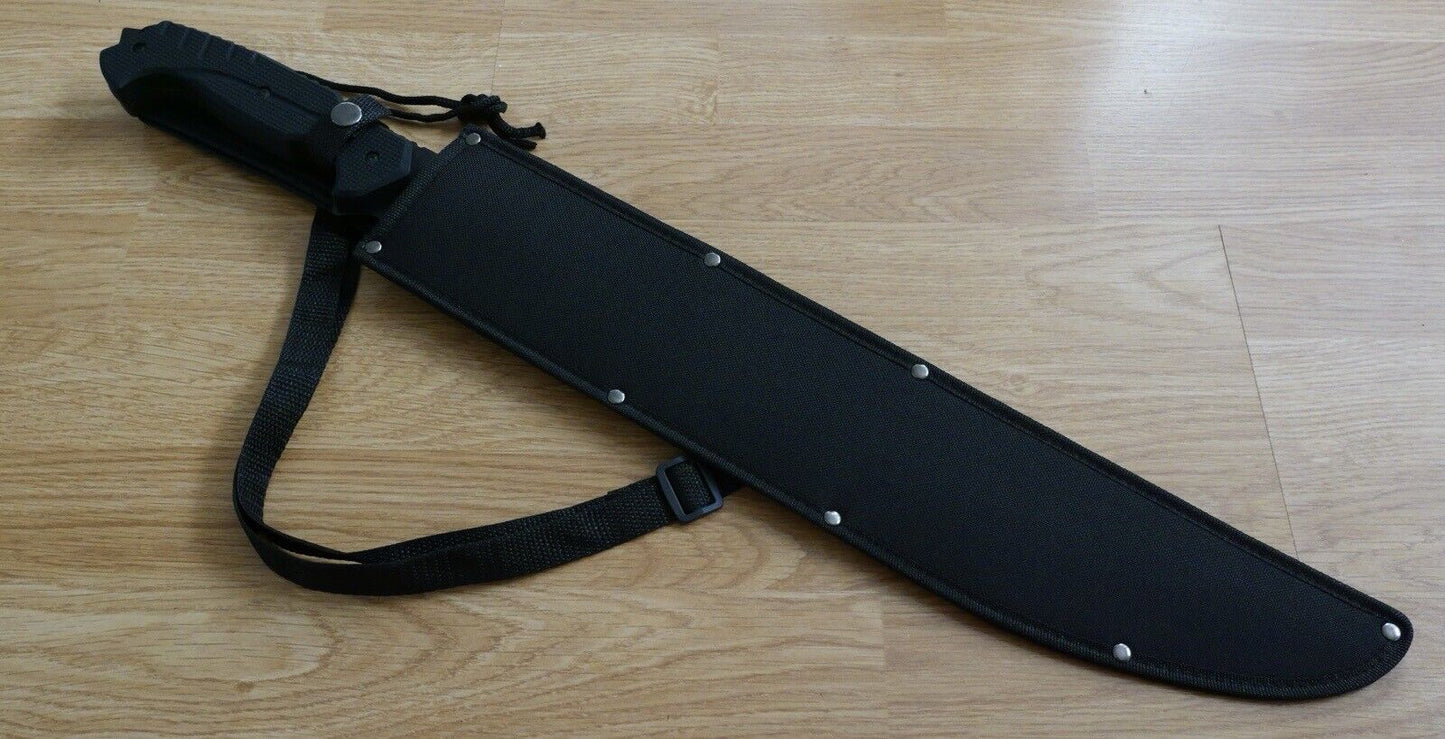 25” Black Machete Sawback Full Tang Rubber Handle Lanyard Glass Breaker Sheath