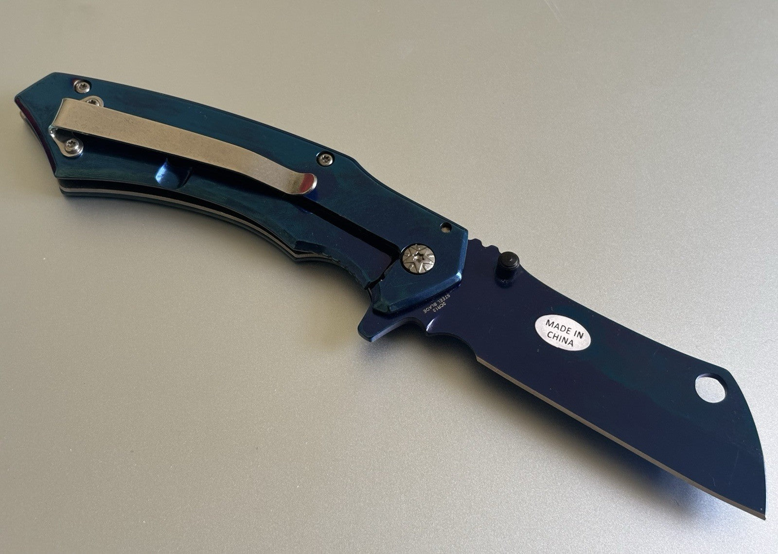 Cleaver Pocket Knife All Metal Blue Handle Spring Assist Frame Lock Heavy Duty