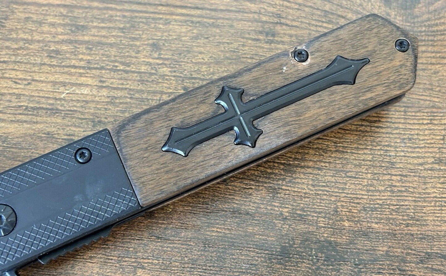 5” Cross Pocket Knife Crusader Matte Black Ebony Wood Sharp Spear Point Christ