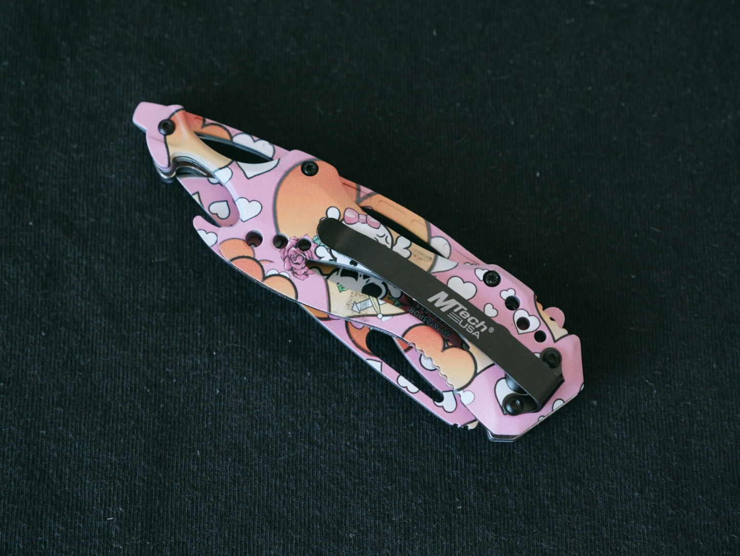 Pink Manga Pocket Knife Kuwaii Skull Heart Spring Assist Bottle Opener Cute