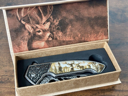 Deer Wildlife Gift Box Knife Stainless Steel Engraved Ornate Faux Ivory Handle 