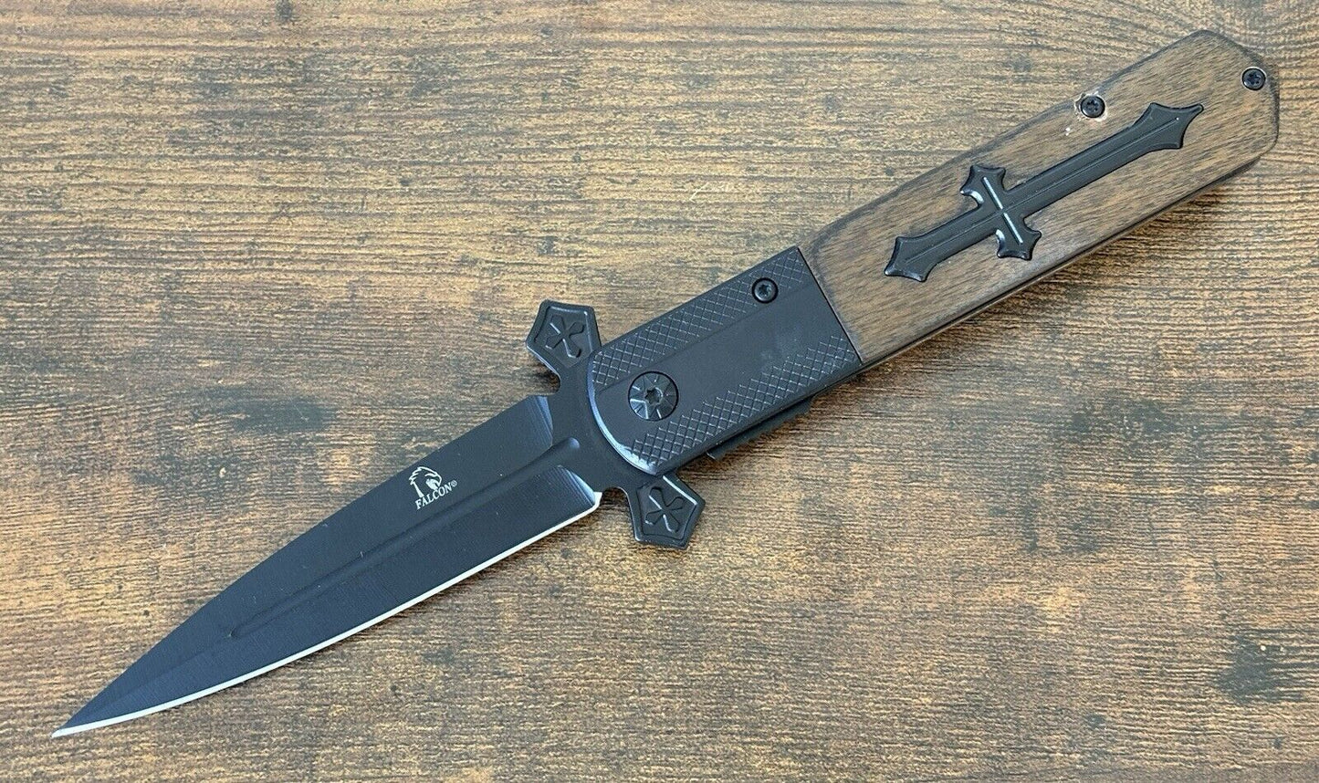 5” Cross Pocket Knife Crusader Matte Black Ebony Wood Sharp Spear Point Christ