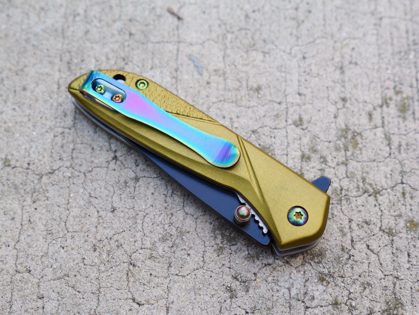 6” Aesthetic Spring Assist Pocket Knife Rainbow Clip Gold Scales Black 3” Blade