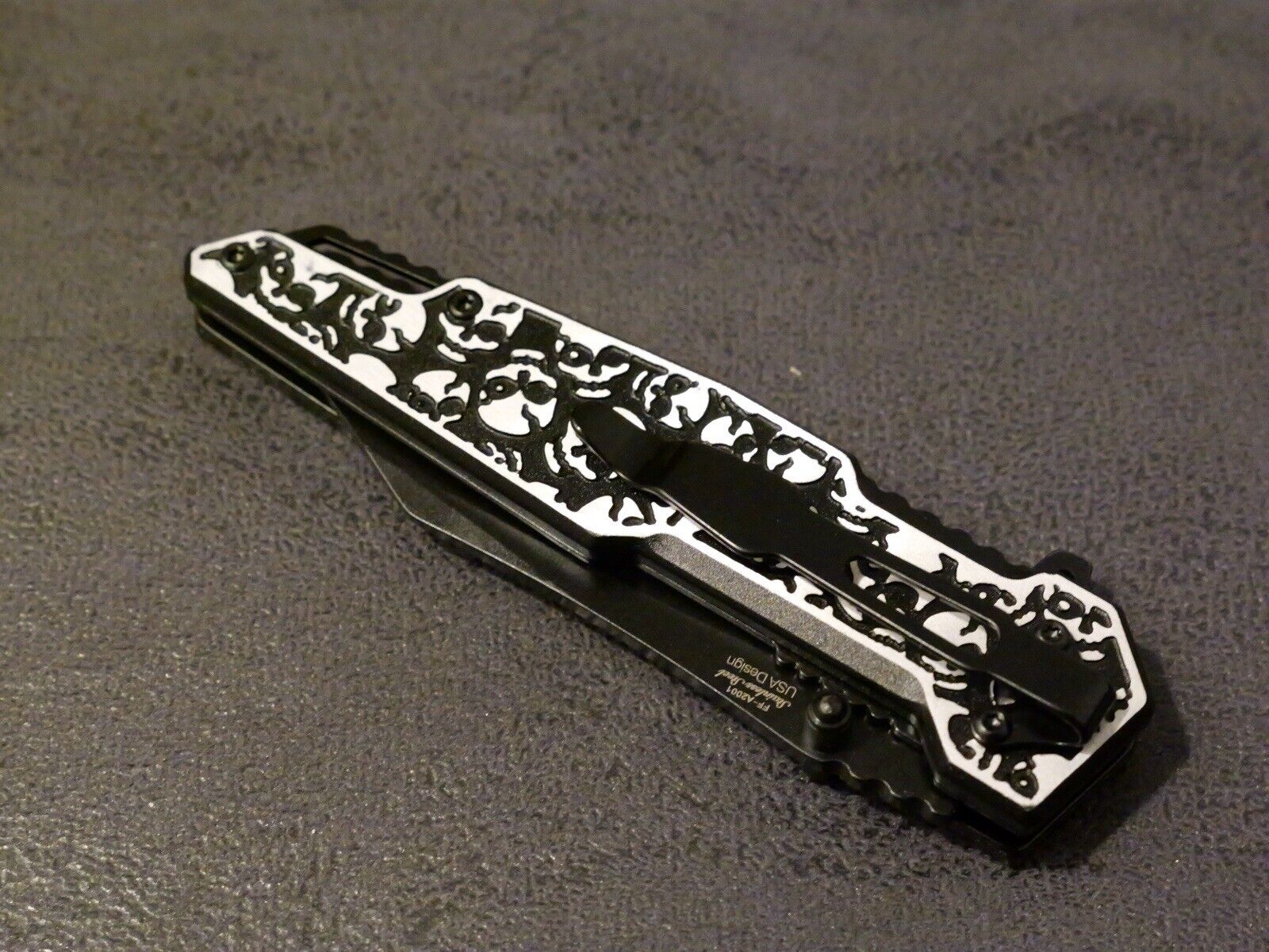 Black Pocket Knife 8” Overall Size M Wharncliffe Blade Full Metal Skulls Assist