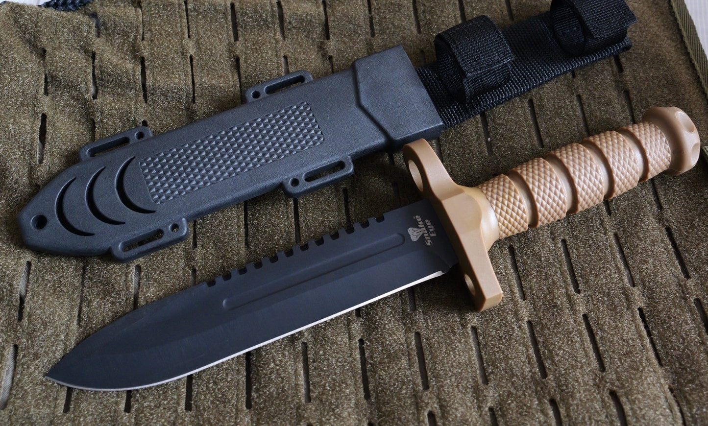 12” Fixed Blade Knife Black Blade Full Tang Rubber Handle Sawback Sharp Bayonet