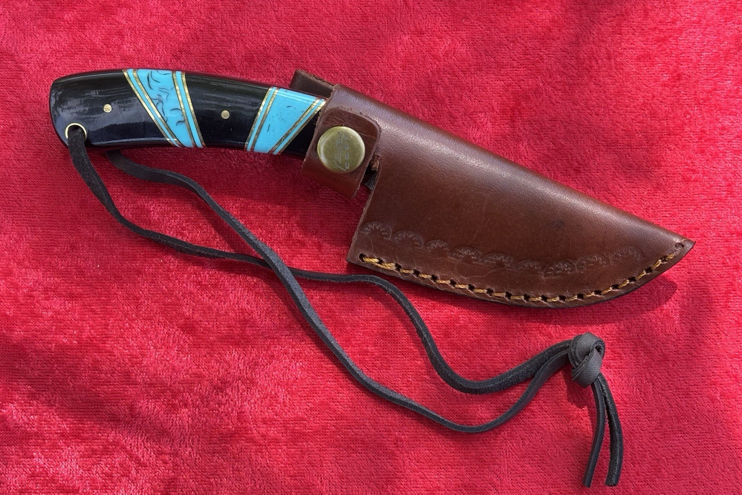 7” Fixed Blade Knife 3” Blade Full Tang Leather Sheath Black Blue Hand Forged 
