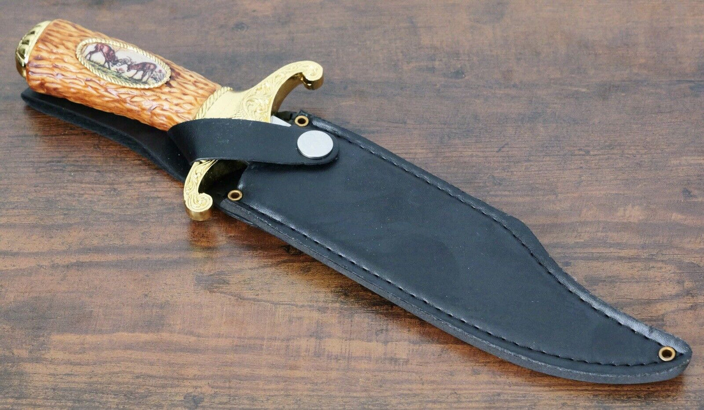 12” Deer Survival Knife American Buck Design Ornate Gold Laser Etch Blade Sheath