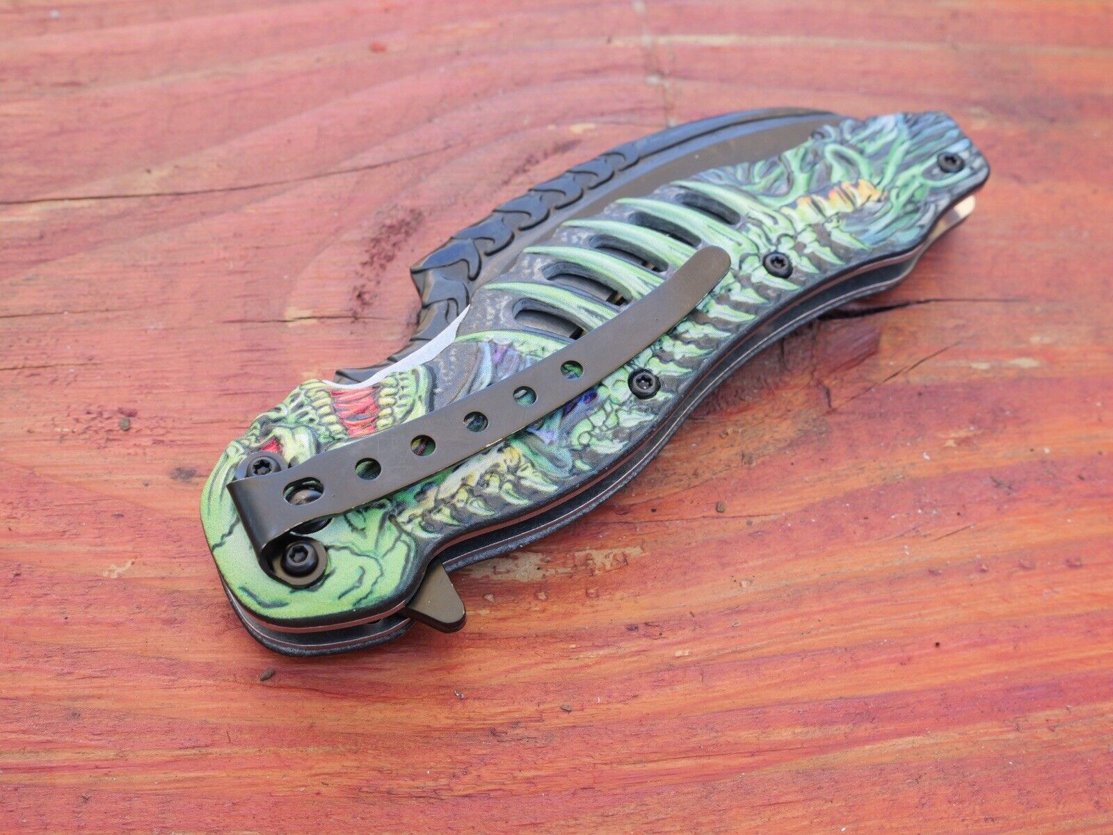 Skeleton Pocket Knife Spring Assisted Grim Reaper Design 8" Green Folding Knife