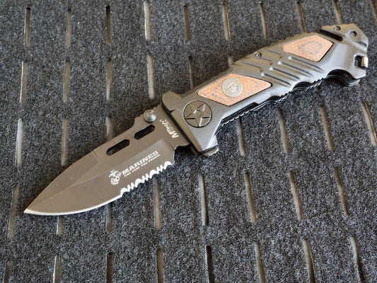 USMC Pocket Knife Heavy Duty Spring Assist Black Hefty Window Punch Belt Cutter 