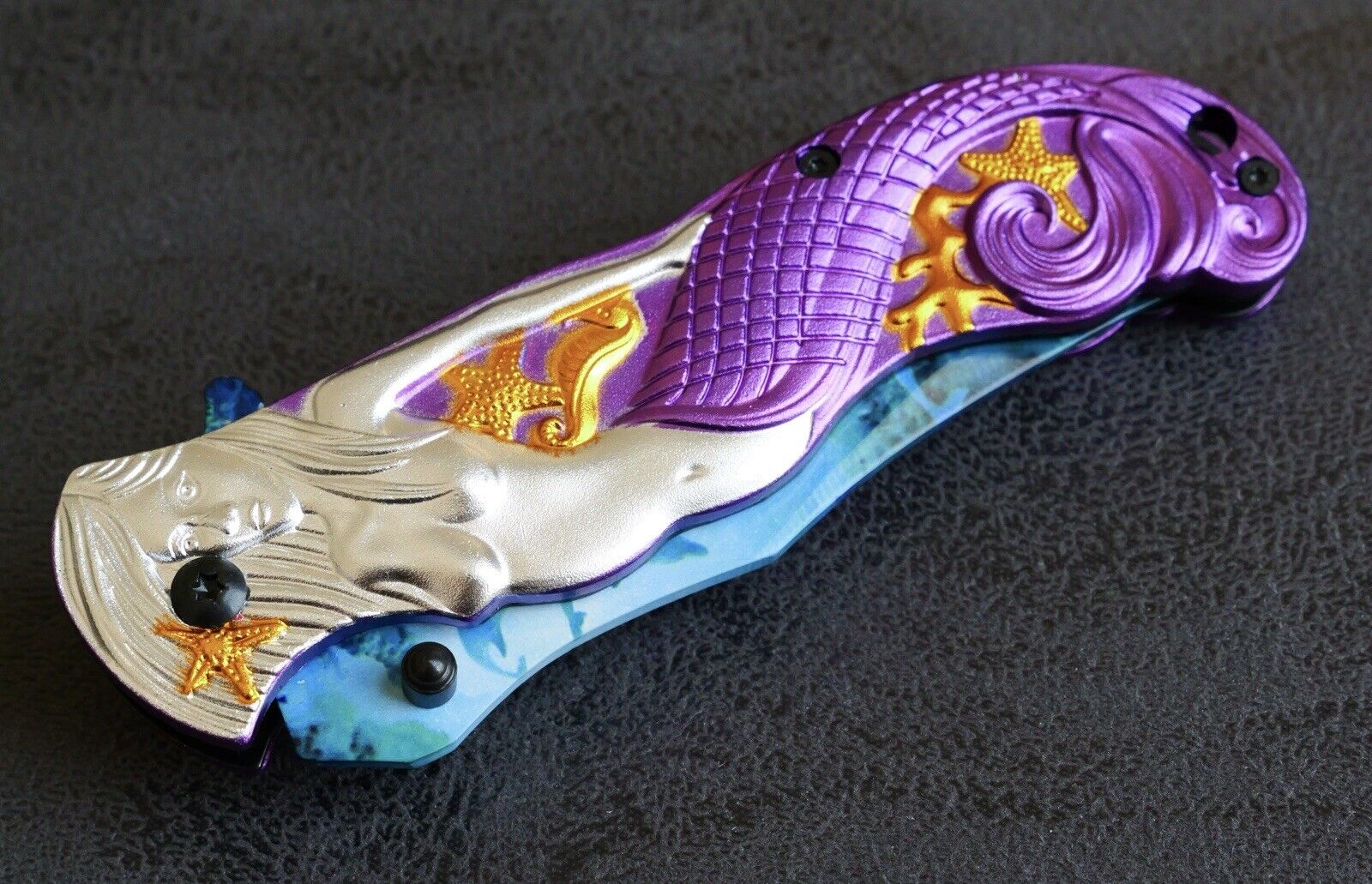 Mermaid Pocket Knife Full Size 3D Pink Ocean Sharp Hand Painted Spring Assist