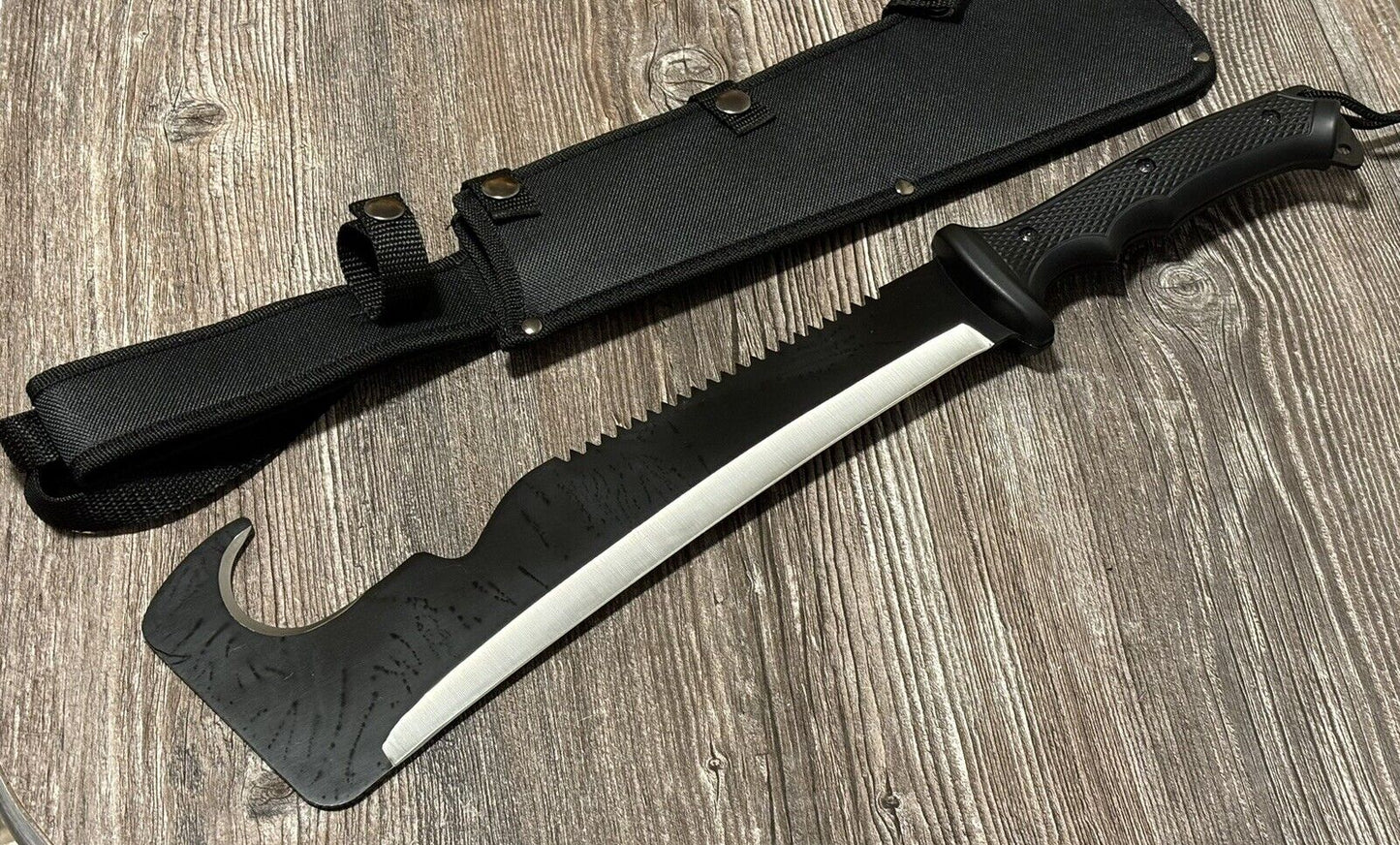 20” Tactical Machete Black Full Tang Swat Stealth Nylon Sheath Hook Saw Back