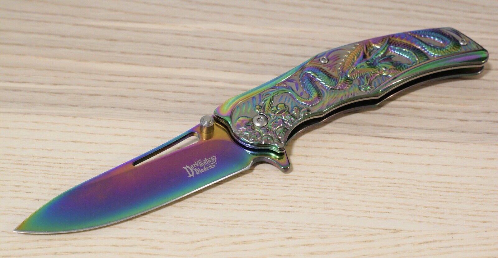 Full Size Rainbow Dragon Spring Assist Pocket Knife All Metal Sharp Clip 9” Edc