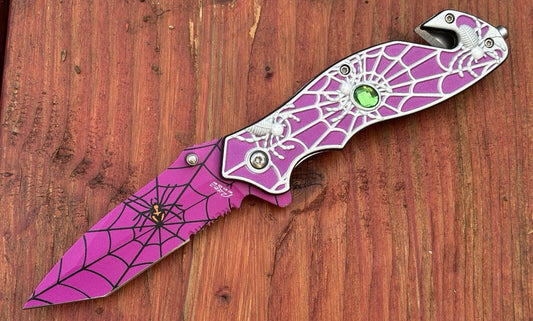 Pink Pocket Knife Tanto Spider Web Window Punch Seat Belt Cutter Assisted Sharp