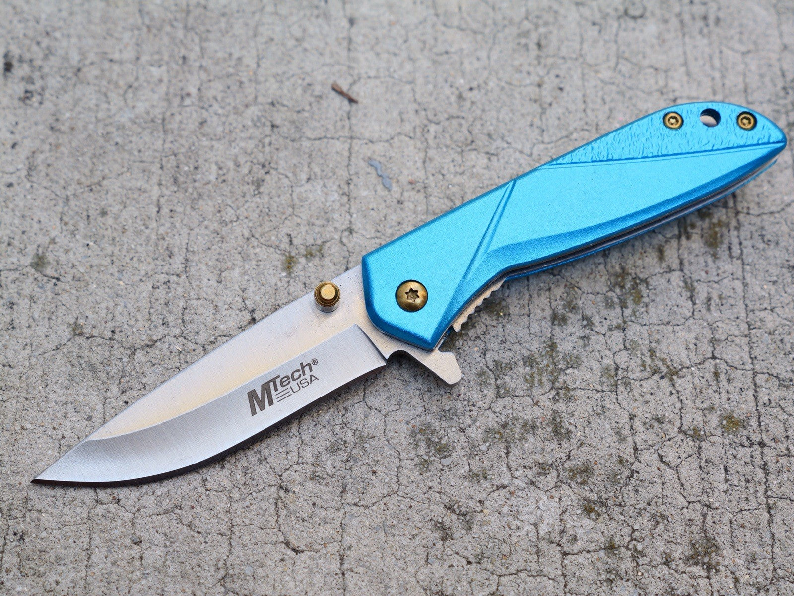 6” Aesthetic Spring Assist Pocket Knife Gold Clip Blue Handle Gray 3” Blade