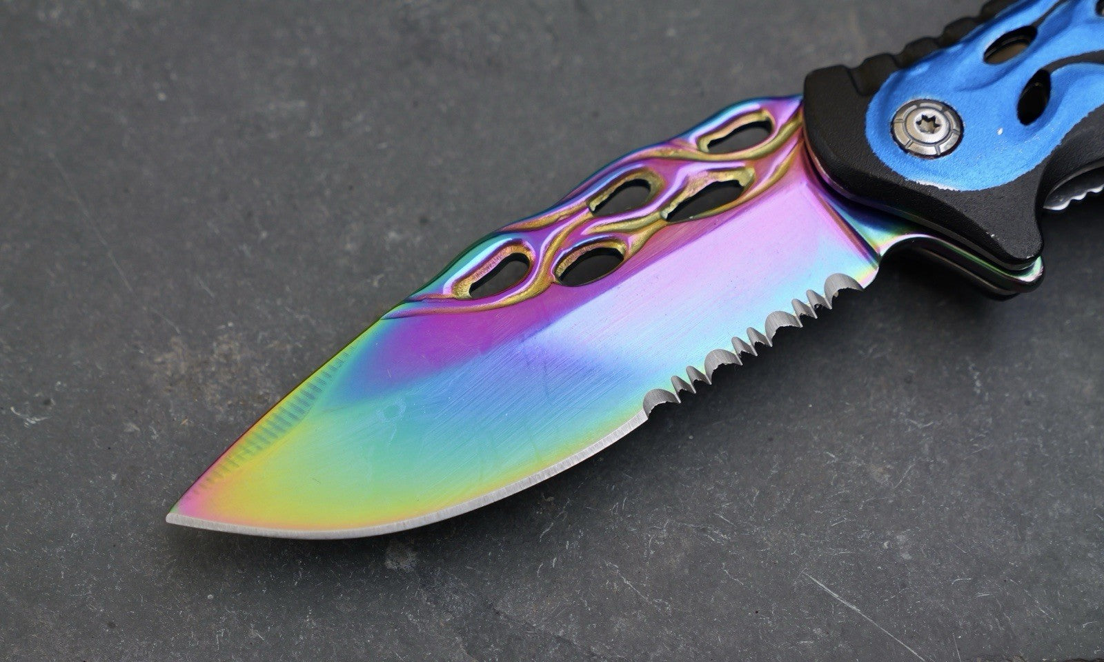Blue Flame Pocket Knife Spring Assist Titanium Blade Serrated Sharp