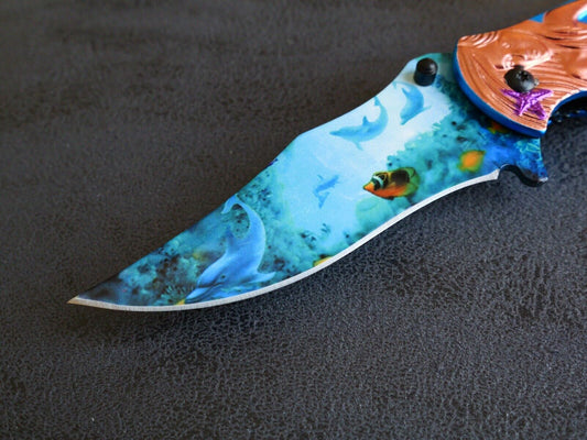 Mermaid Dolphins Pocket Knife Full Size Ocean Sharp Hand Painted Spring Assist