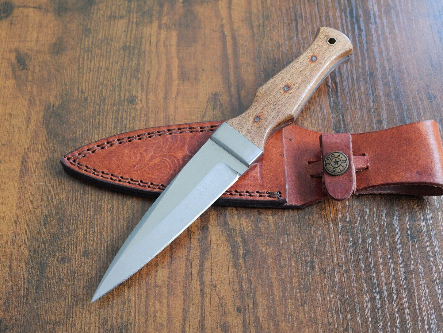 9” Boot Knife Leather Sheath Spear Point Full Tang Wood Handle Full Tang Classic