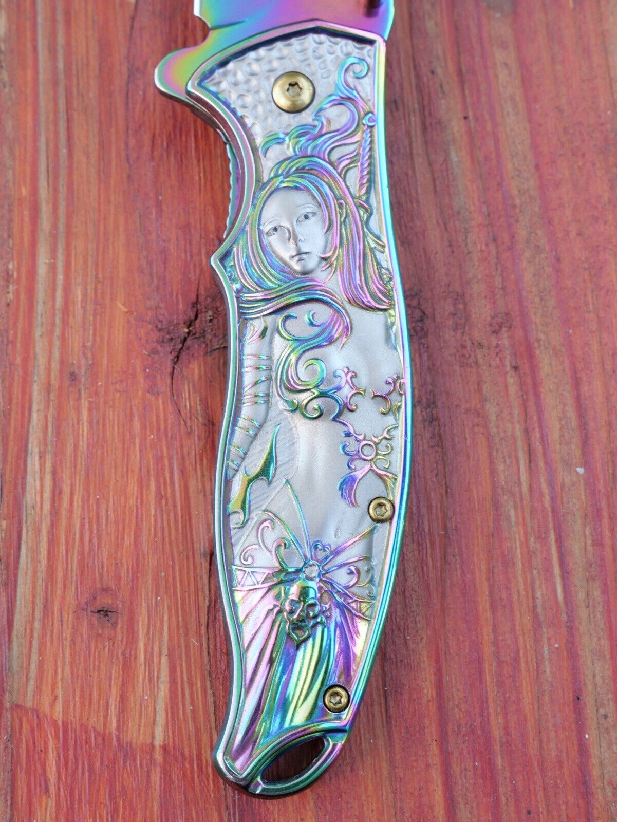 Mermaid Pocket Knife Full Size 3D Metal Handle Sharp TI Coated Spring Assist Edc