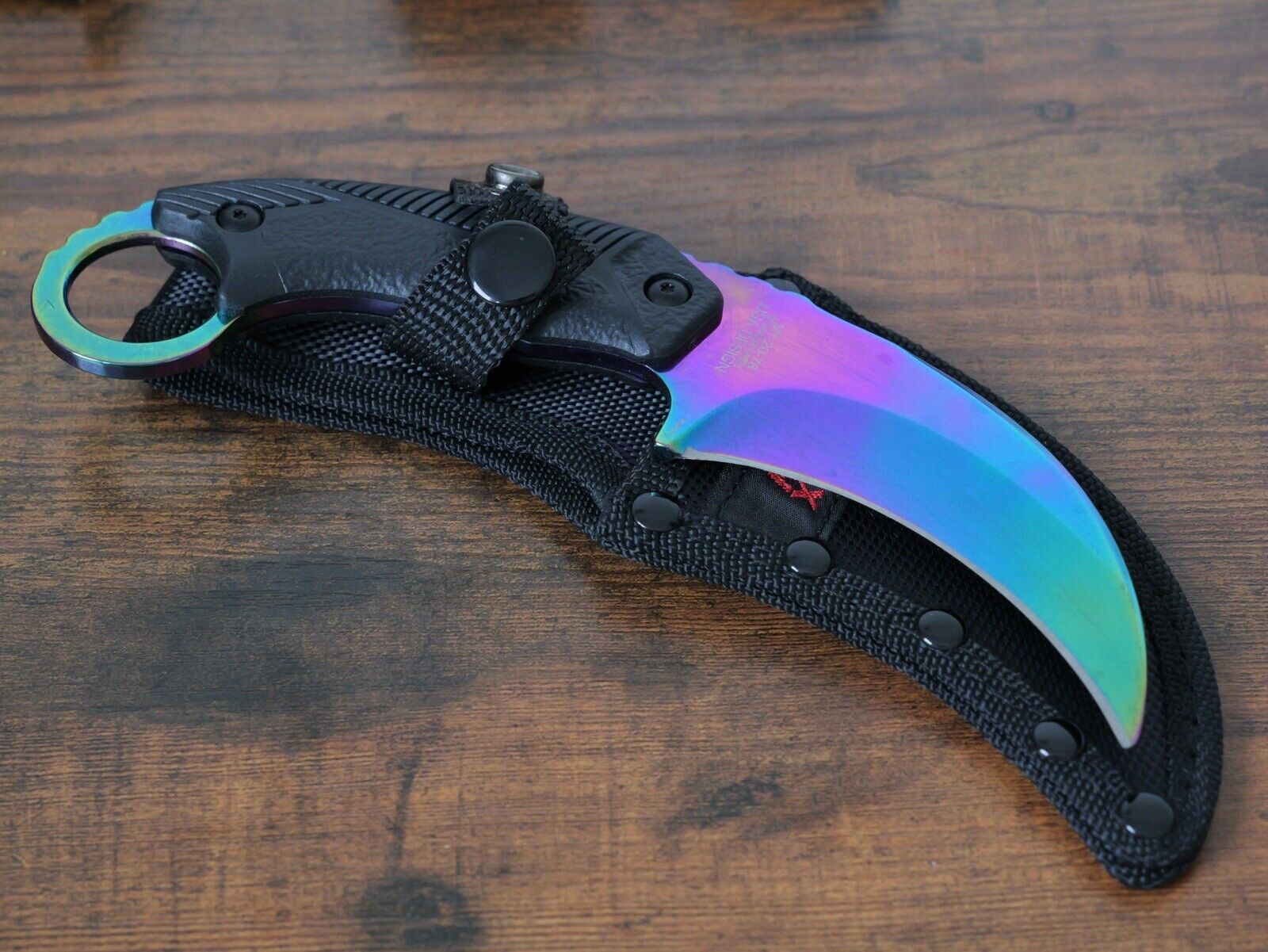 8” Fixed Blade Knife Karambit Full Tang Rainbow Rubber Scales Nylon Sheath